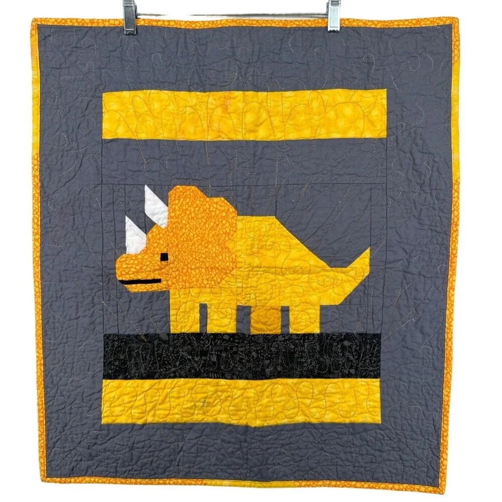 Handmade Wall Hanging Quilted Dinosaur Kid Childrens Room Orange/Gray Triceratop